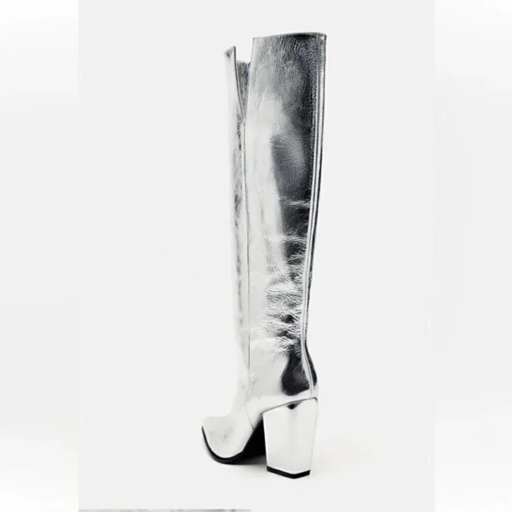 ZARA 100% LEATHER METALLIC HEELED KNEE HIGH BOOTS - Picture 8 of 13